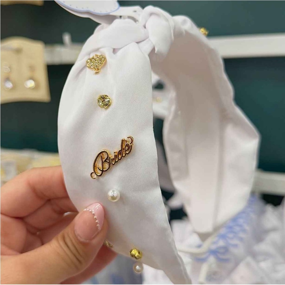 White Bridal Embellished Headband with Gold Accents and Pearls